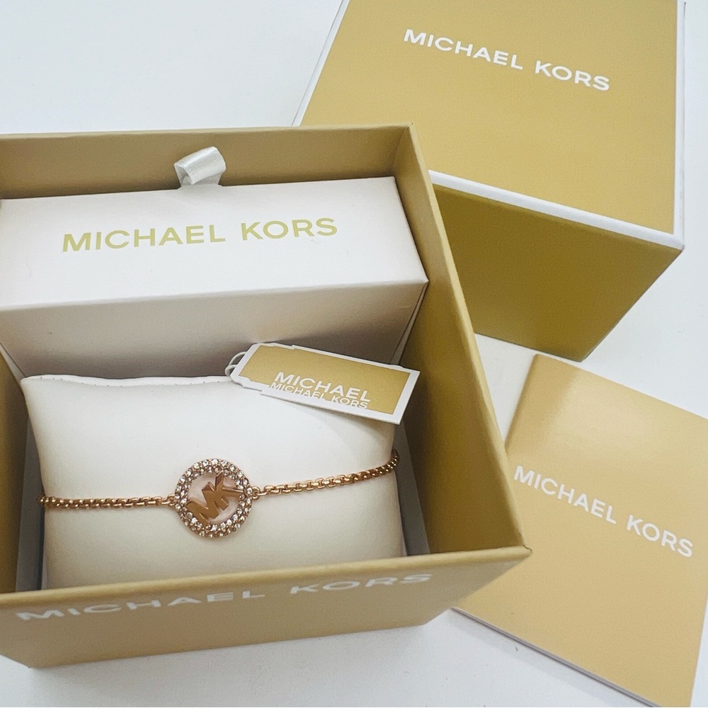 Michael Kors Rose Gold Pave Slider Chain Bracelet NWT